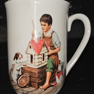 Norman Rockwell Red and White Mug with Boy and Dog Illustration